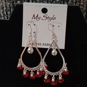 MY STYLE Silver-Toned Red Beaded Chandelier Earrings